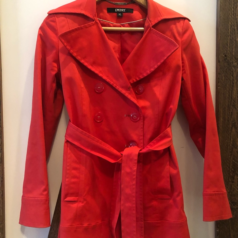 Belted Red DKNY raincoat